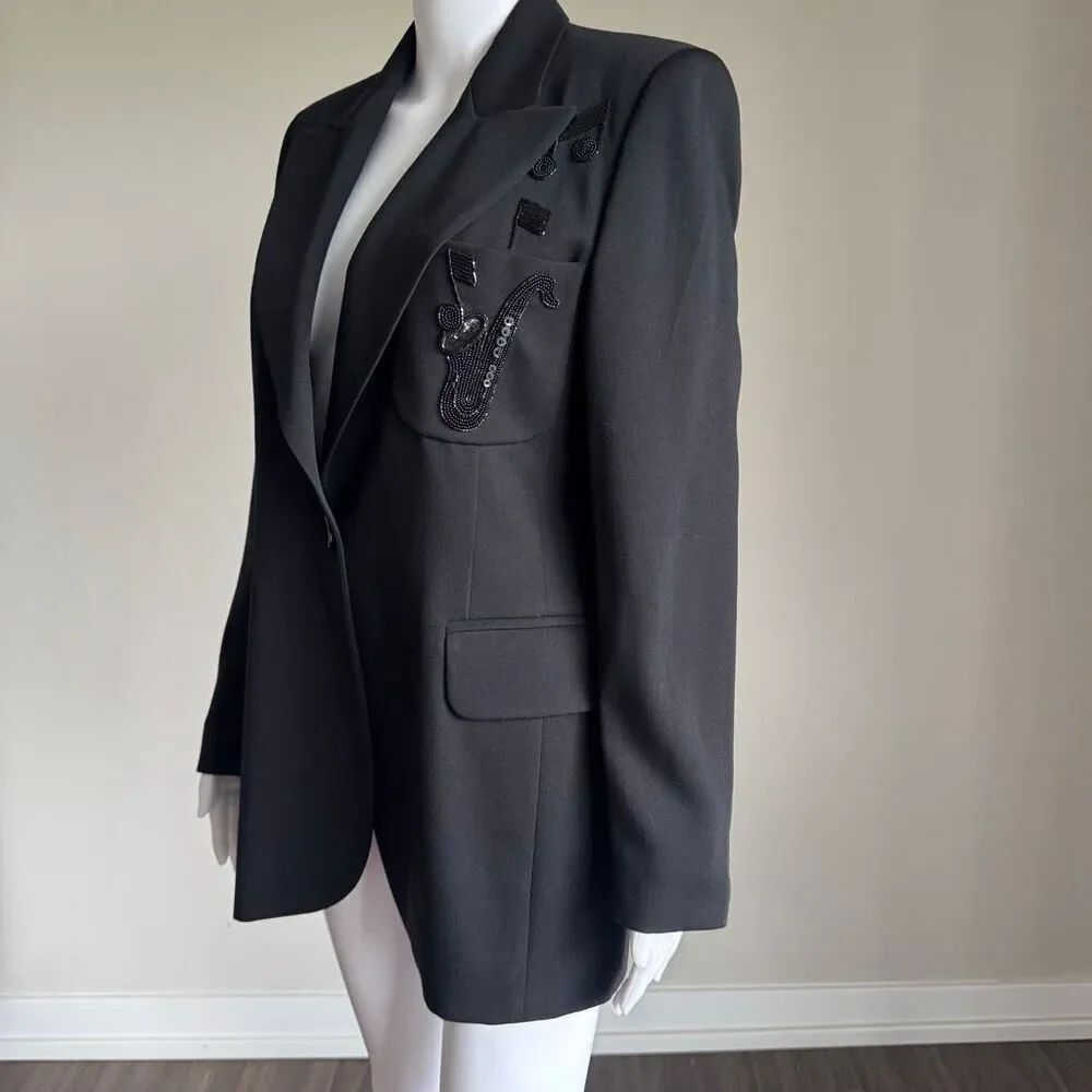 Vtg ESCADA Margaretha Ley Wool Blazer Beaded Saxophone Music Note Jacket Black R